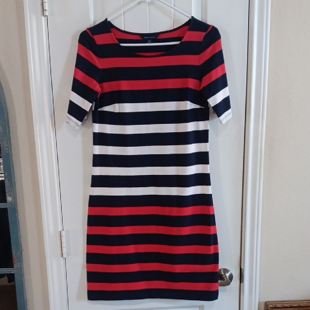 Tommy Hilfiger Red, Navy & White Striped Midi T-Shirt Dress